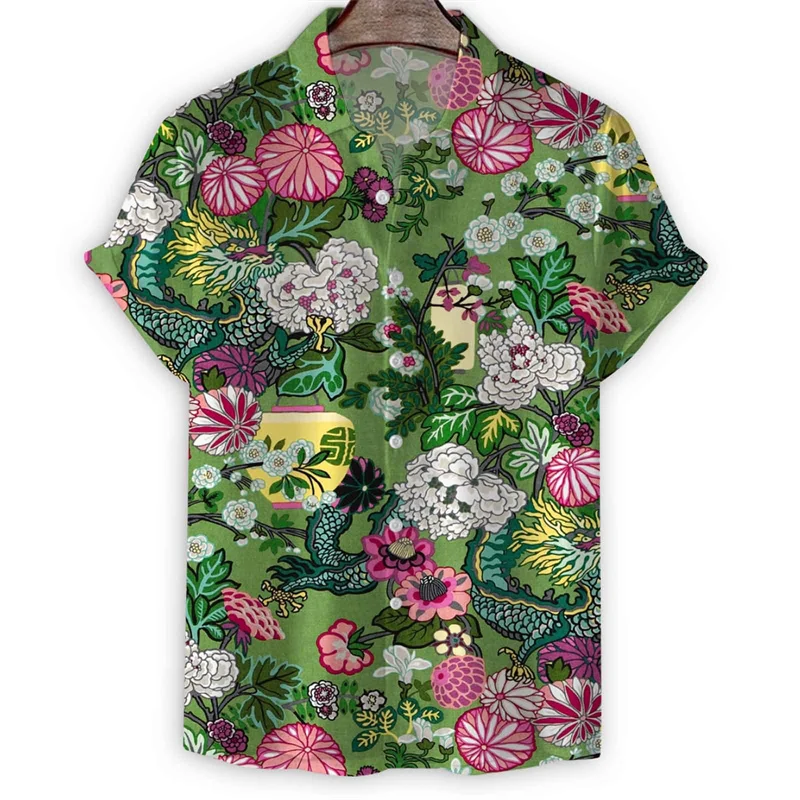 

Гавайская рубашка в восточном стиле для мужчин, кофта с 3d принтом дракона и птиц, с короткими рукавами, с лацканами, на пуговицах, уличная блузка большого размера