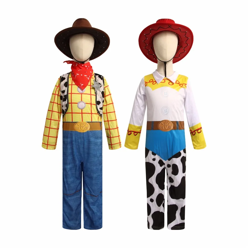 

Movie Toys Woodi Cosplay Costume Kids Cowboy Cartoon Jumpsuit Hat Full Set Girls Jessie Role Play Bodysuit Halloween Party