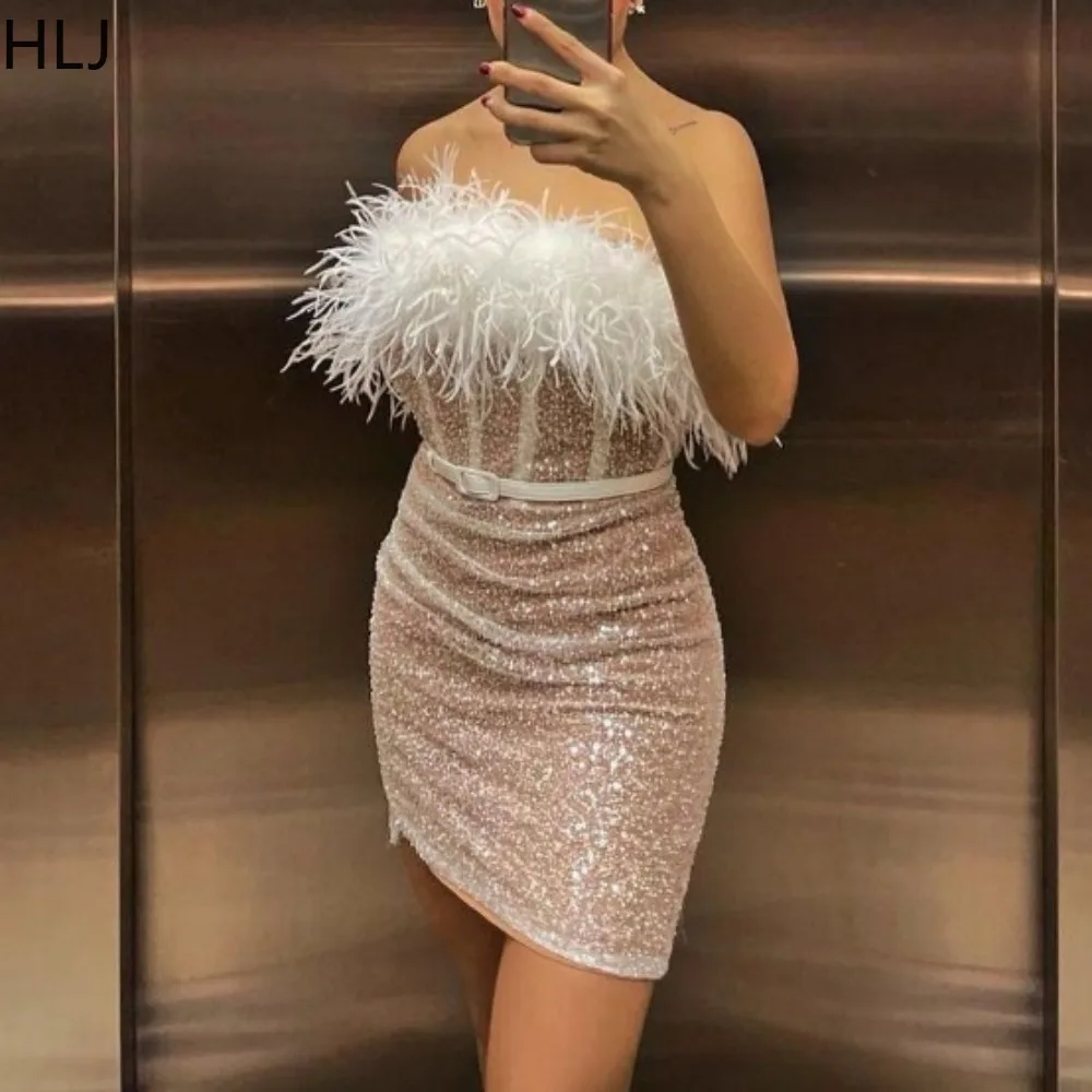 

HLJ White Fashion Feather Splicing Bodycon Party Club Tube Dresses Women Mesh Sequin Perspective Sleeveless Backless Vestidos