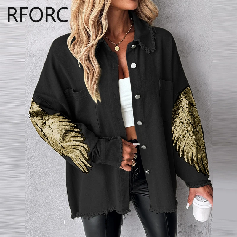 Женская демисезонная куртка в стиле пэчворк с блестками и украшением в виде крыльев и отложным воротником, 2023
Женская демисезонная куртка в стиле пэчворк с блестками и украшением в виде крыльев и отложным воротником, 2023