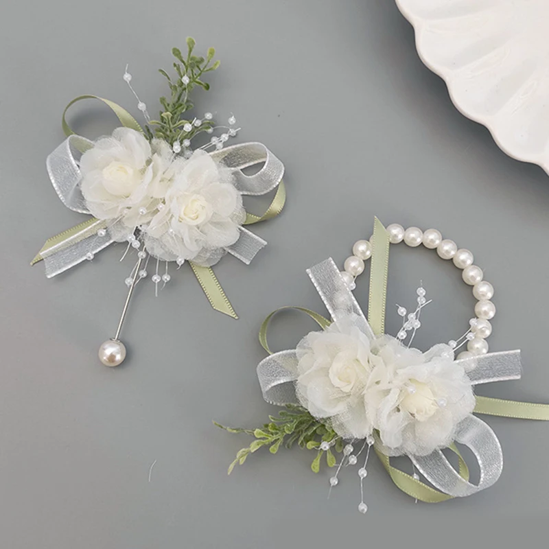 

Bridal Bridesmaid Corsage Wrist Flower Imitation Pearl Silk Yarn Hand Flower Wedding Wristband Bracelet Girls Party Jewelry