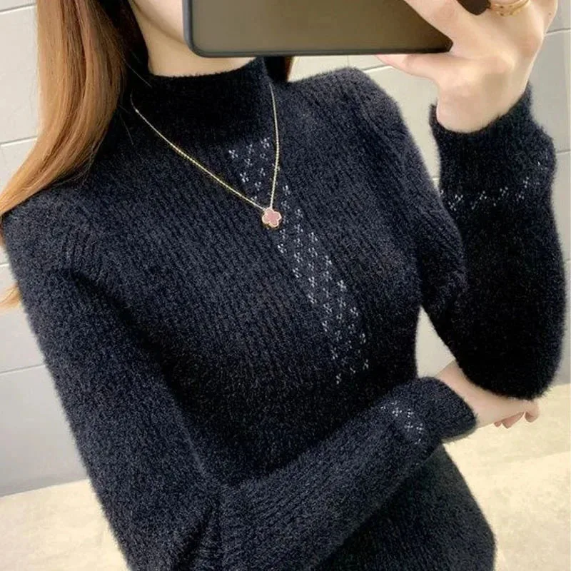 

Autumn Winter Casual Women's Solid Color High Neck Sweaters Fashion Jacquard Long Sleeve Slim Underlay Knitted Tops for Female
