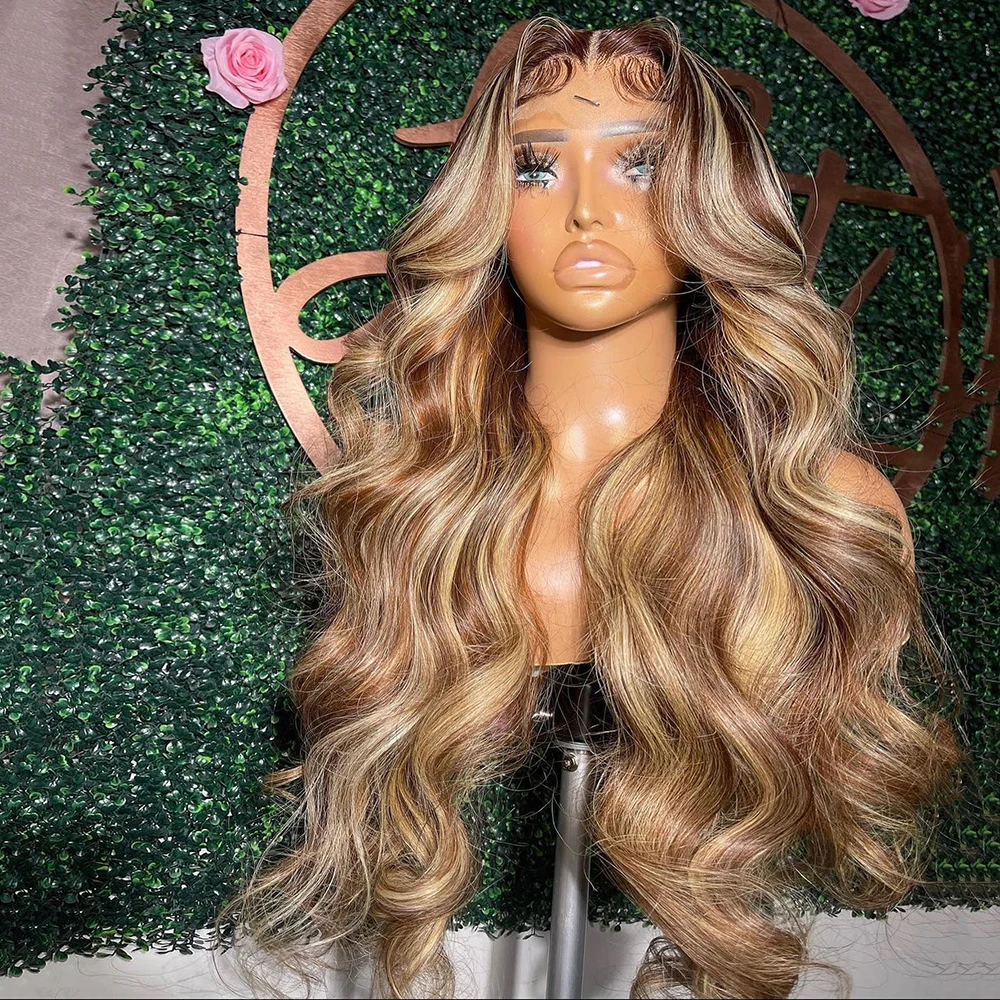 

HD Full Lace Wigs 28" Dark Blonde Highlights Wavy Wig 100% Virgin Human Hair 13x6 Frontal Lace Wig Dark Roots High Density 200%
