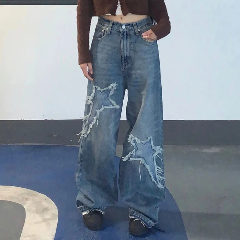 Vintage Star Patch Blue Jeans Women Fashion Distressed Oversized Wide Leg Denim Pants Y2k Casual Loose Straight Jeans Streetwear
Vintage Star Patch Blue Jeans Women Fashion Distressed Oversized Wide Leg Denim Pants Y2k Casual Loose Straight Jeans Streetwear