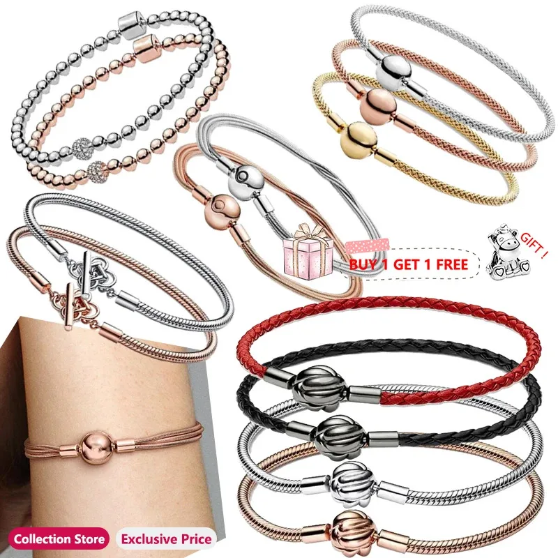 

Authentic S925 Silver Lucky Meteor Concentric Knot Original Women's Leather Knitted Logo Bracelet DIY Charm Bead Pendant Jewelry