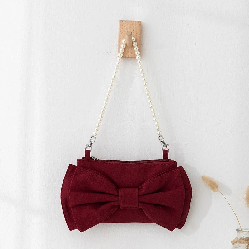 

Fashion Bow Pearl Chain Canvas Bag Sweet Girls Bowknot Underarm Bag Trend Female Party Evening Clutches Youth Lady Sacs À Main