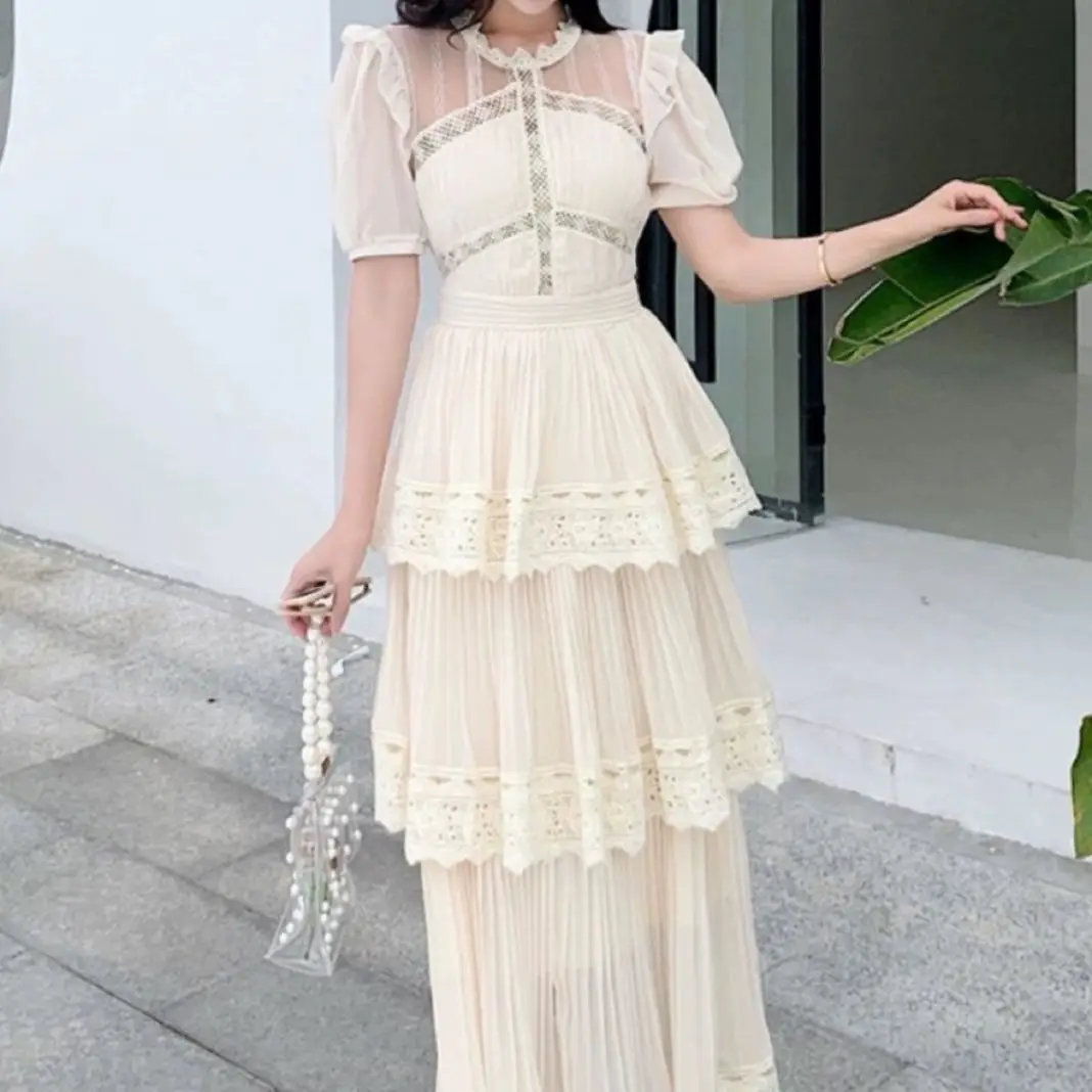 High-end 2023 Summer New Beige Lace Ruffles Pleated Short Sleeve Cake Dress Women's High Waist Slim Long Dress
High-end 2023 Summer New Beige Lace Ruffles Pleated Short Sleeve Cake Dress Women's High Waist Slim Long Dress