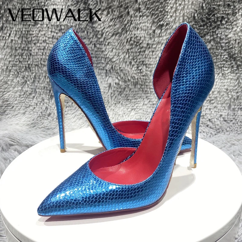 

Veowalk Shiny Blue Snakeskin Women Pointed Toe Inside Cut Stiletto Pumps Comfortable Slip On High Heel Shoes for Party Dress