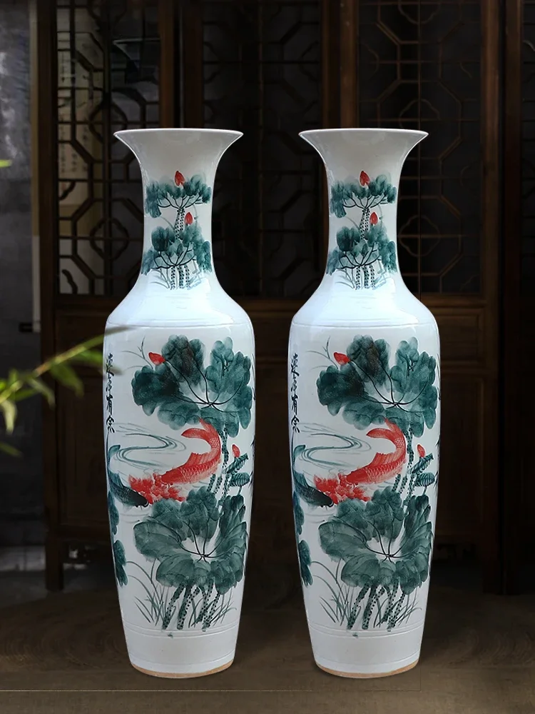 

Jingdezhen Floor Vase Hand Painted Blue and White Surplus Year after Year Ceramic Decoration Living Room New House