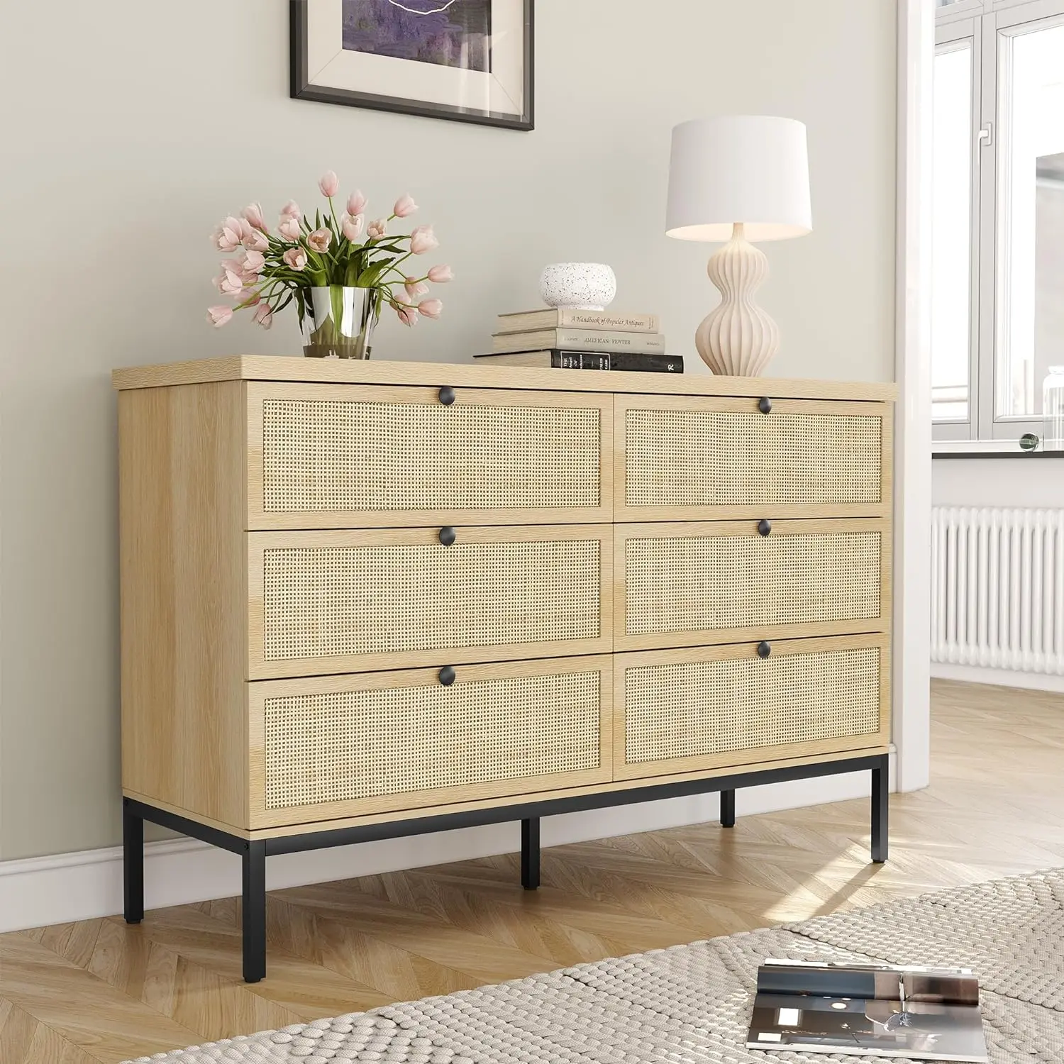 Modern 6 Drawer Dresser with Natural Rattan Drawers, Industrial Wood Double Dresser for Bedroom with Sturdy Steel Legs
Modern 6 Drawer Dresser with Natural Rattan Drawers, Industrial Wood Double Dresser for Bedroom with Sturdy Steel Legs