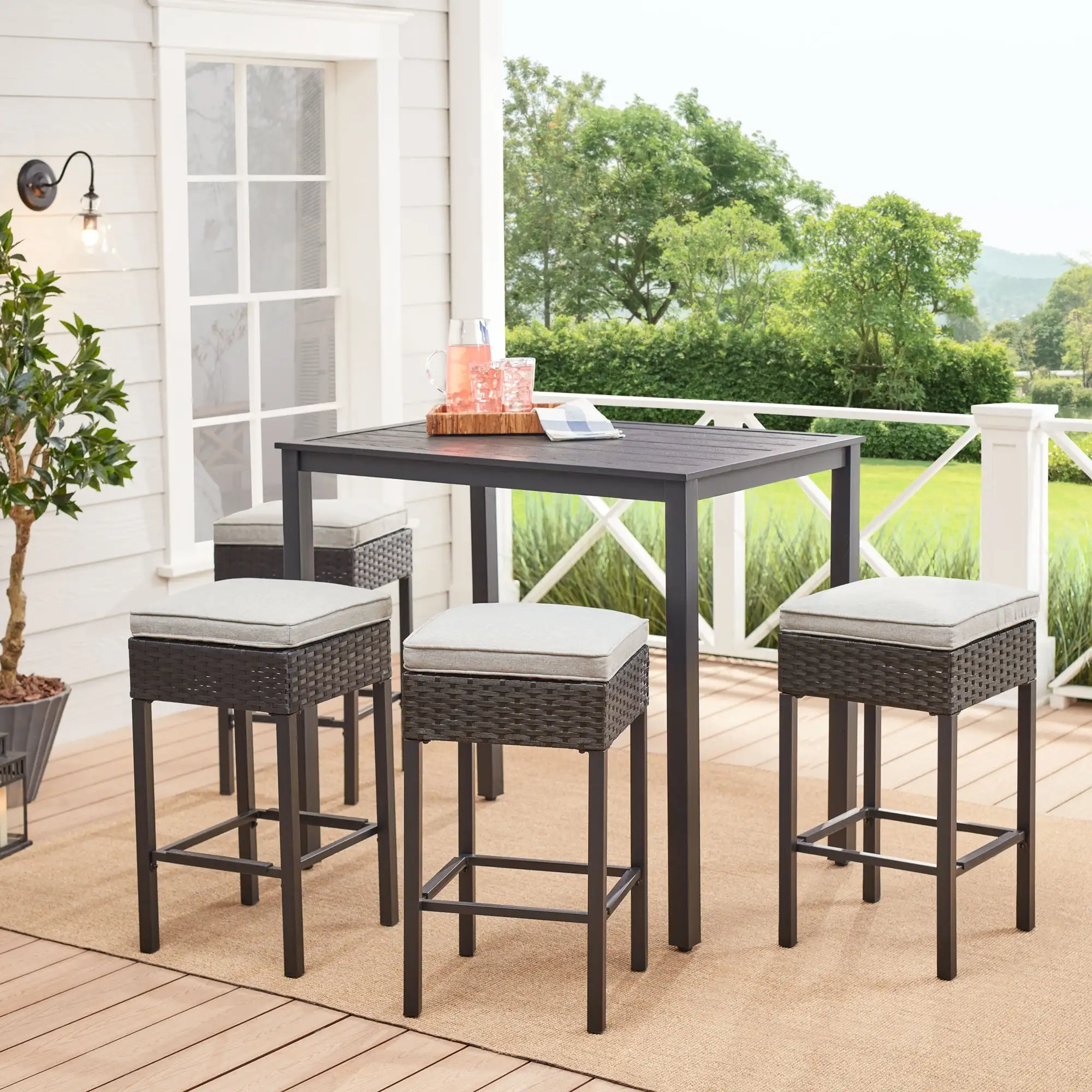 Ayden Park 5-Piece Outdoor Patio High Dining Set Chairs Feature Brown Wicker Rattan Accents and Tan Fabric Cushions
Ayden Park 5-Piece Outdoor Patio High Dining Set Chairs Feature Brown Wicker Rattan Accents and Tan Fabric Cushions