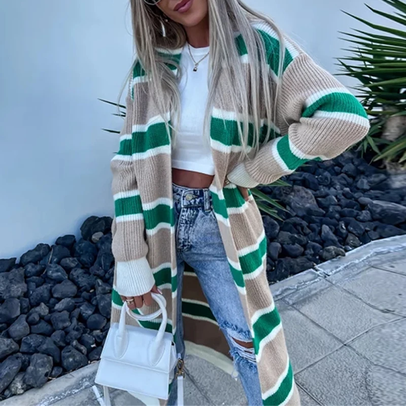 Elegant Casual Striped Long Sleeve Cardigan Autumn Winter Contrasting Color Loose Sweater Coat Women Street Knitted Long Outwear
Elegant Casual Striped Long Sleeve Cardigan Autumn Winter Contrasting Color Loose Sweater Coat Women Street Knitted Long Outwear