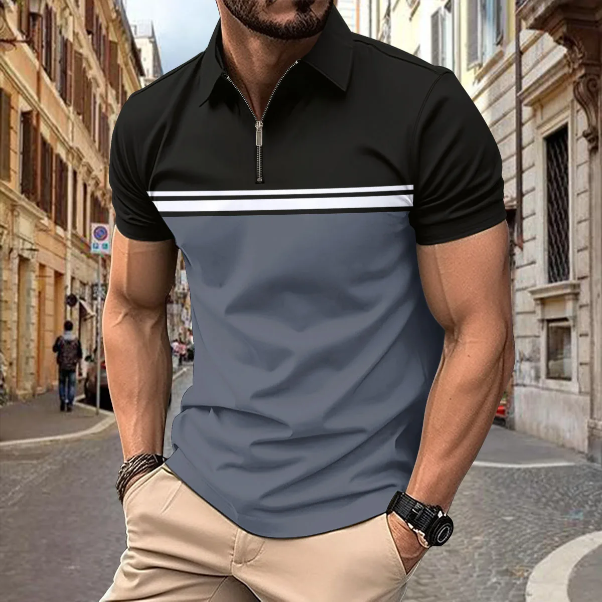 

Men's 2024 Summer New Casual Stripe Contrast Color Business Office Short Sleeve Polo Shirt Men's 3D Printing Zipper Fashion T-sh