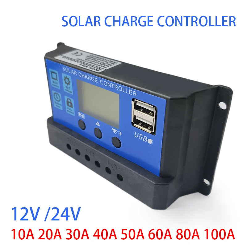 

New 12V 24V 10A 20A 30A 40A 50A 60A 80A 100A,Adjustable LCD Panel Battery Regulator With USB Interface,Solar Charging Controller