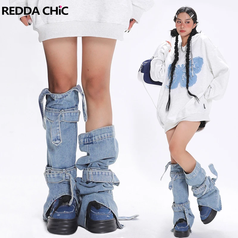 

ReddaChic Function Pocket Denim Leg Warmers Women 90s Retro Blue Belted Boots Cover Asymmetric Long Socks Harajuku Streetwear