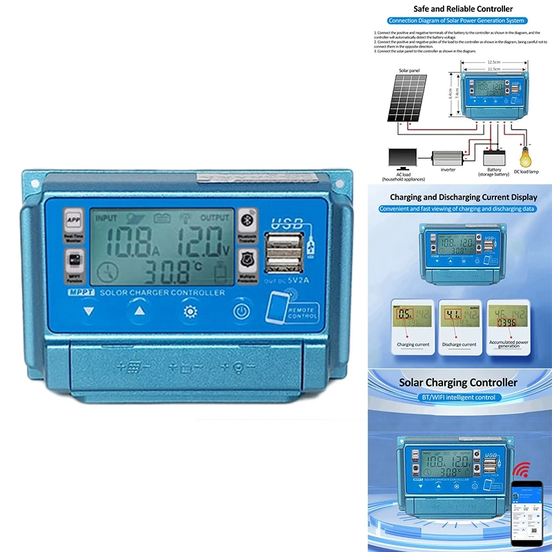 

Wifi+BT Solar Charger Controller 12V/24V/36V/48V/60V Charging M PPT Controllers LCD Dual USB 5V Output Controller