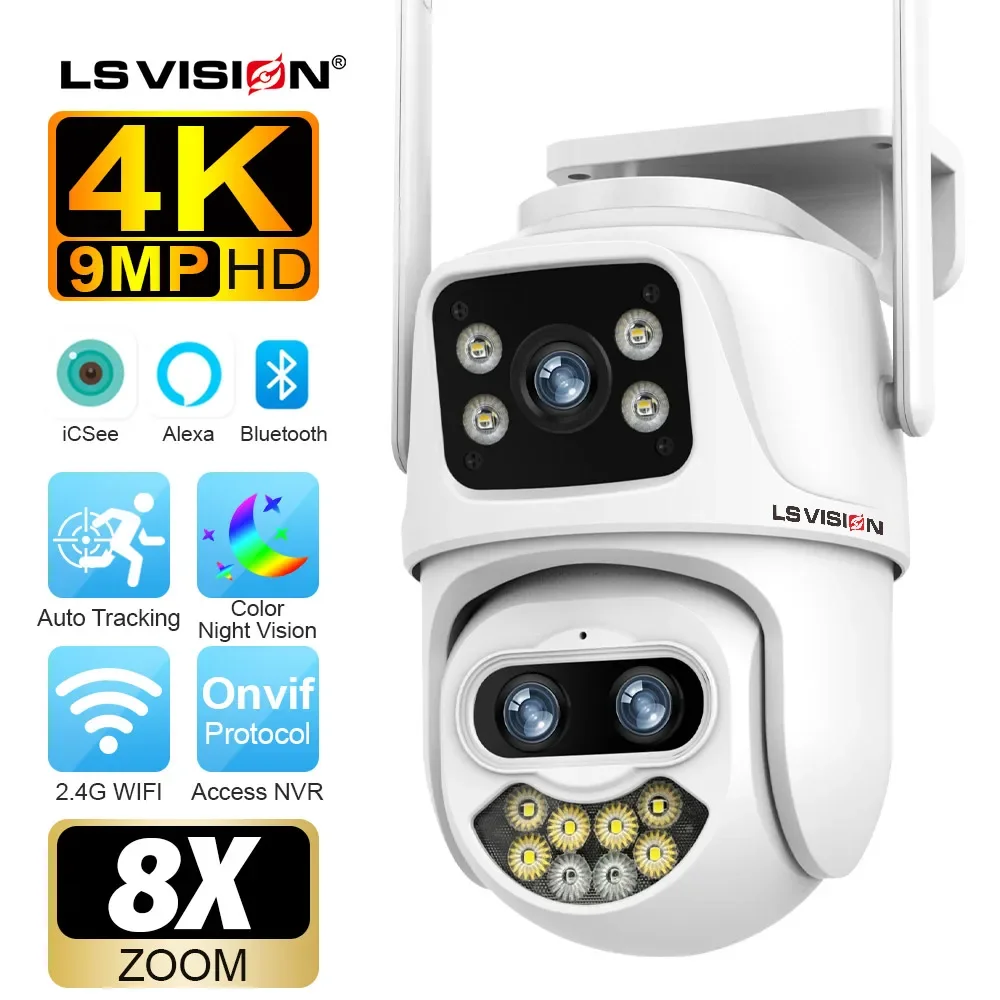 

LS VISION 9MP 4K HD WiFi IP Camera Outdoor 8x Zoom Three Lens Dual Screen PTZ Camera Auto Tracking Onvif CCTV Camera iCSee App