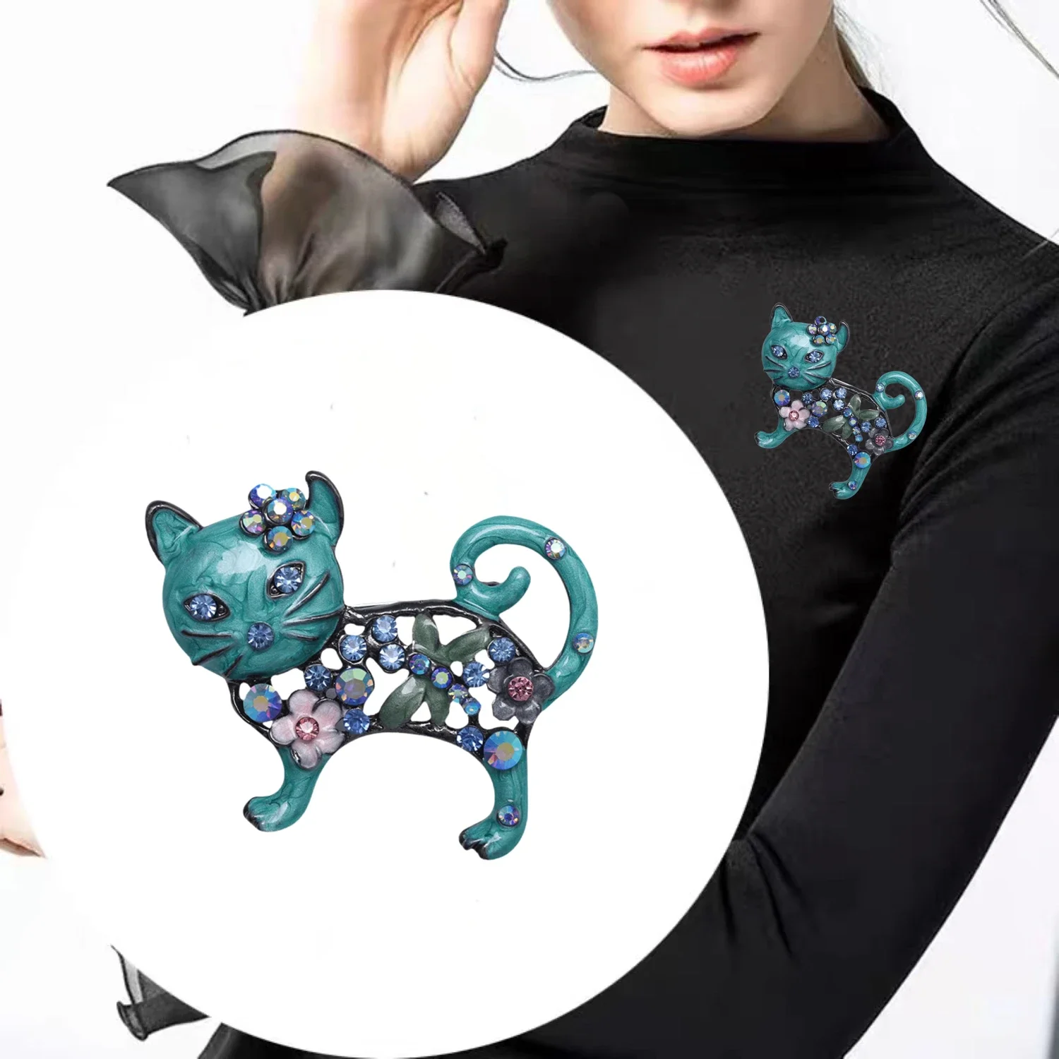 

Lovely Cat Brooch Girl Imitation Color Gem Crystal Rhinestone Badge Women Enamel Lapel Animal Alloy Pin Jewelry Accessories Gift