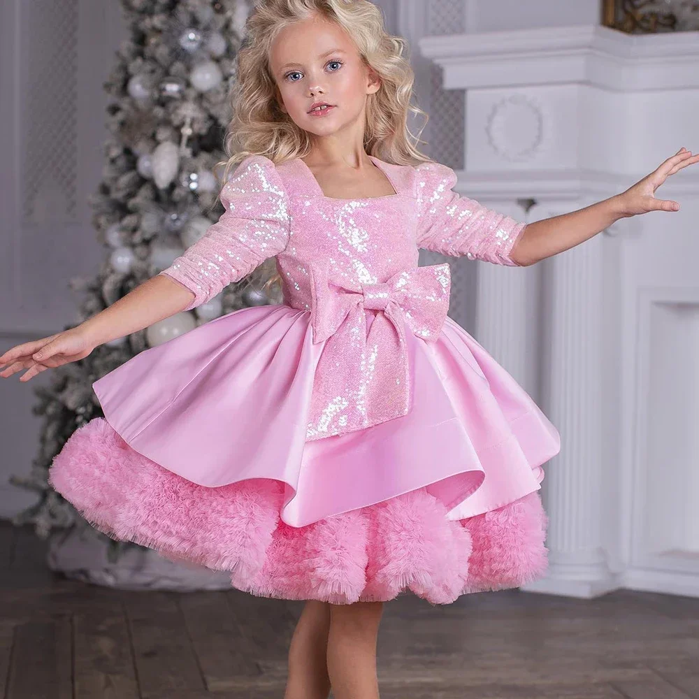 

Милое розовое платье с блестками и цветами для девочек, платье с квадратным вырезом и коротким рукавом для маленьких девочек на день рождения, свадьбу, платье принцессы для первого причастия