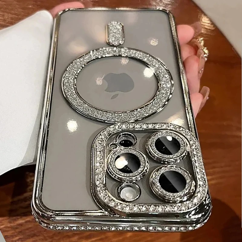 Блестящий Прозрачный чехол для телефона с бриллиантами для IPhone 11, 12, 13, 14, 15 Pro Max Plus, защита объектива, Магнитный чехол для беспроводной зарядки
Блестящий Прозрачный чехол для телефона с бриллиантами для IPhone 11, 12, 13, 14, 15 Pro Max Plus, защита объектива, Магнитный чехол для беспроводной зарядки