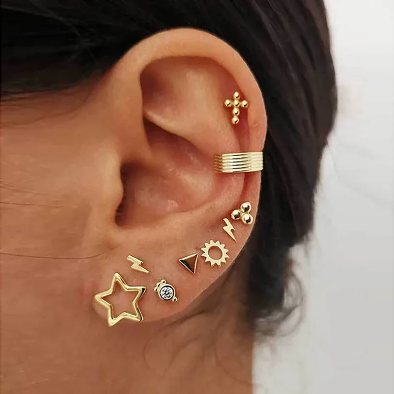 

European and American New Fashion Street Bar Lightning Gilded Crystal Exaggerated Earrings Clip Daily Asymmetric Set Earrings
