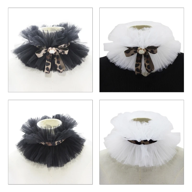 

Women Victorian Elizabethan Ruffled Neck Fake Collar Mesh Tulle Scarf Leopard Bowknot Layered Neck Ruff Cosplay Drop Shipping
