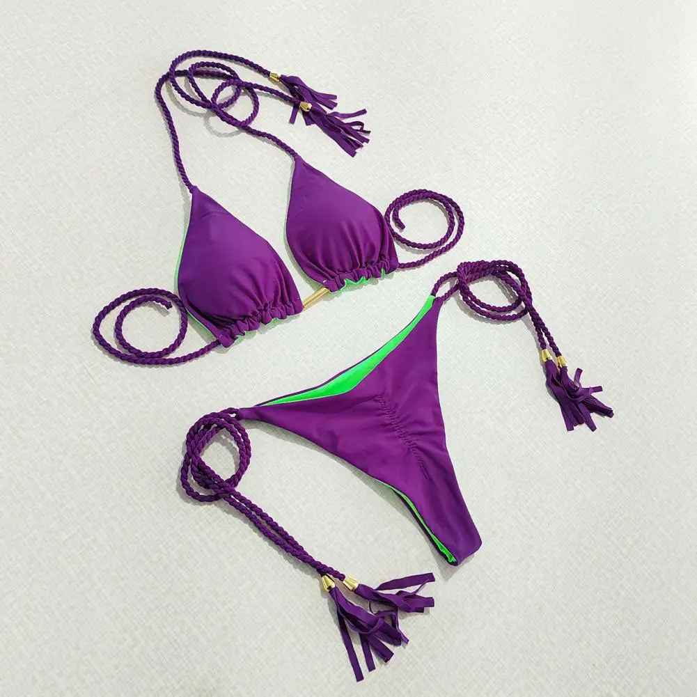

High-waisted Strappy Briefs Halter Bra Set Stylish Women's Bikini Sets with Tassels Lace-up Briefs for Summer Beachwear Backless