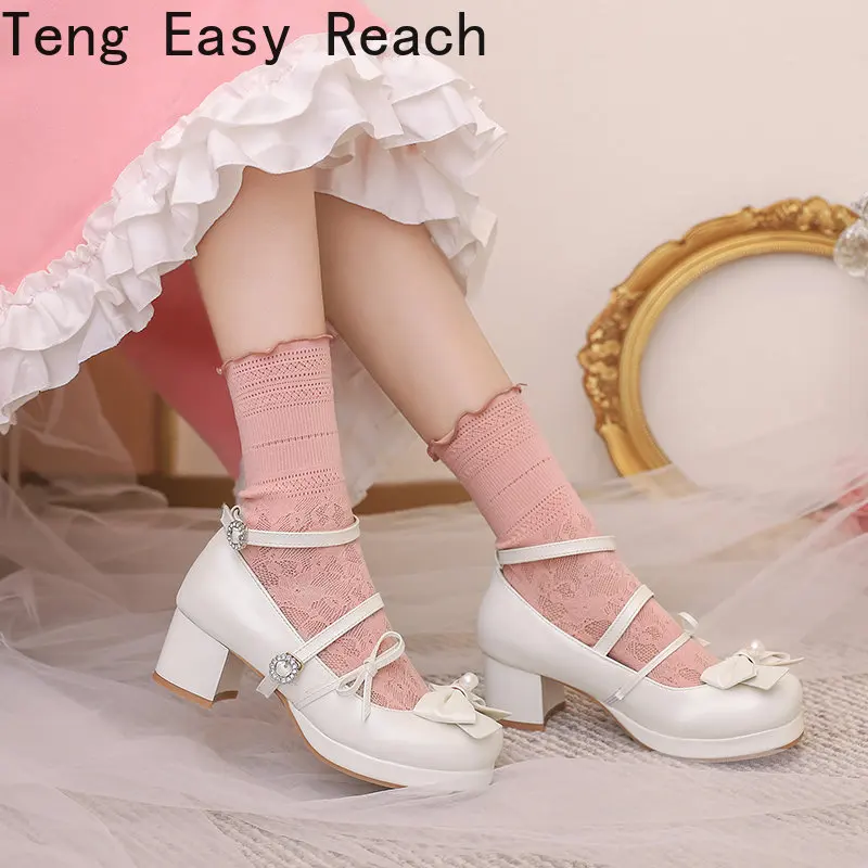 

Low Heels 2023 Women Lolita Shoes Ankle Strap Pumps Spring Autumn Bow Pearls Princess Lace Casual Cosplay Party Big Size 34-43