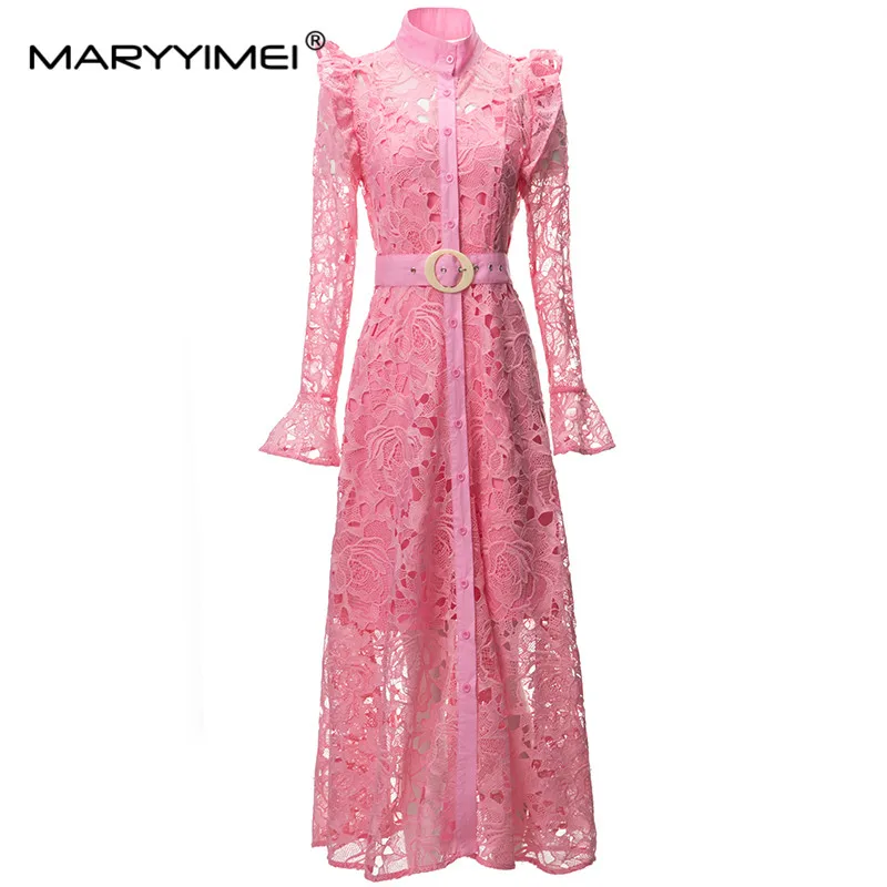 

MARYYIMEI Pink Fashion Autumn Winter Women's Dress Turtleneck Hollowed out embroidery Lace up Elegant Party Dresses