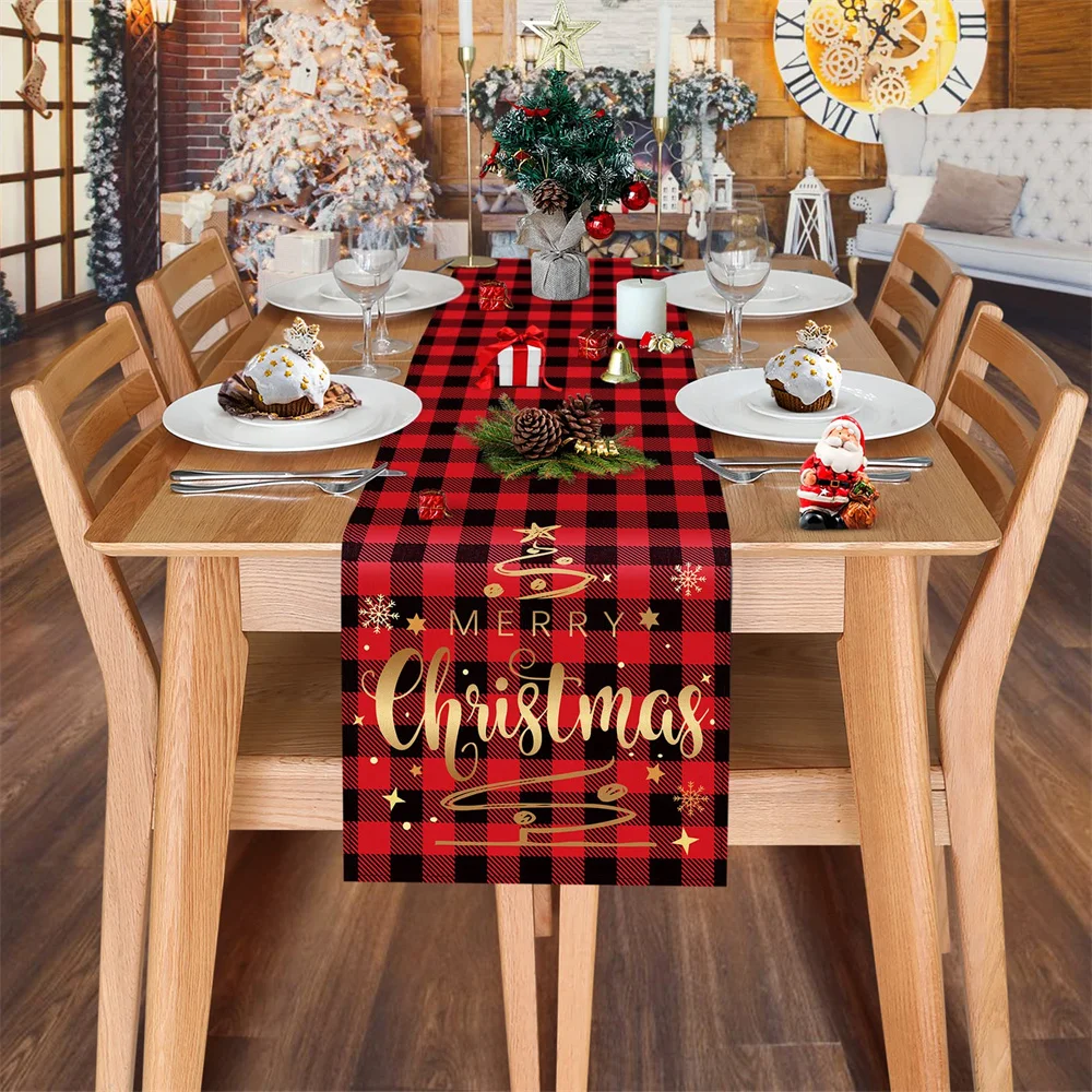 

Christmas black red plaid table flag text Blessing Snow table Runner Family Holiday party kitchen table decoration
