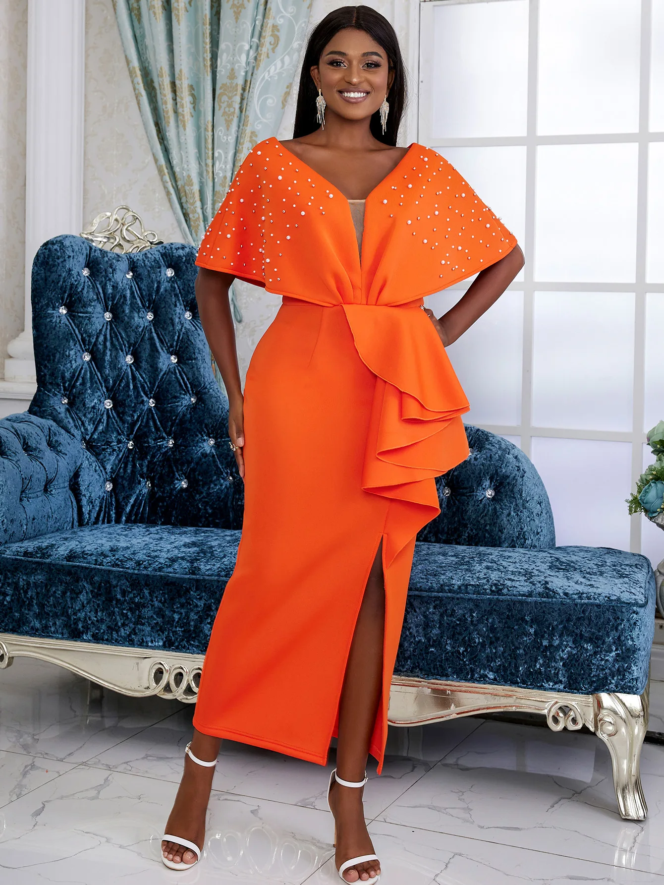 

Elegant Orange Ruffles Dresses for Women V Neck Batwing Sleeve Empire Beading Peplum Slit Evening Party Cocktail Event Gowns