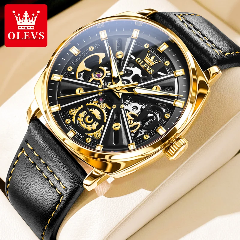 

OLEVS Top Brand Automatic Mechanical Watch for Men Luxury Waterproof Skeleton Design Leather Strap NEW Men's Wristwatches reloj