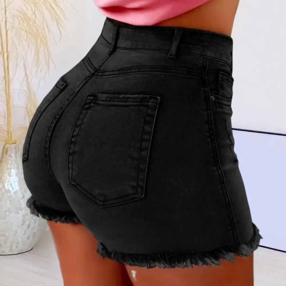 

Women Buttoned Shorts Retro Distressed High Waist Women's Shorts with Butt-lifted Design Side Pockets Slim Fit for Casual Club