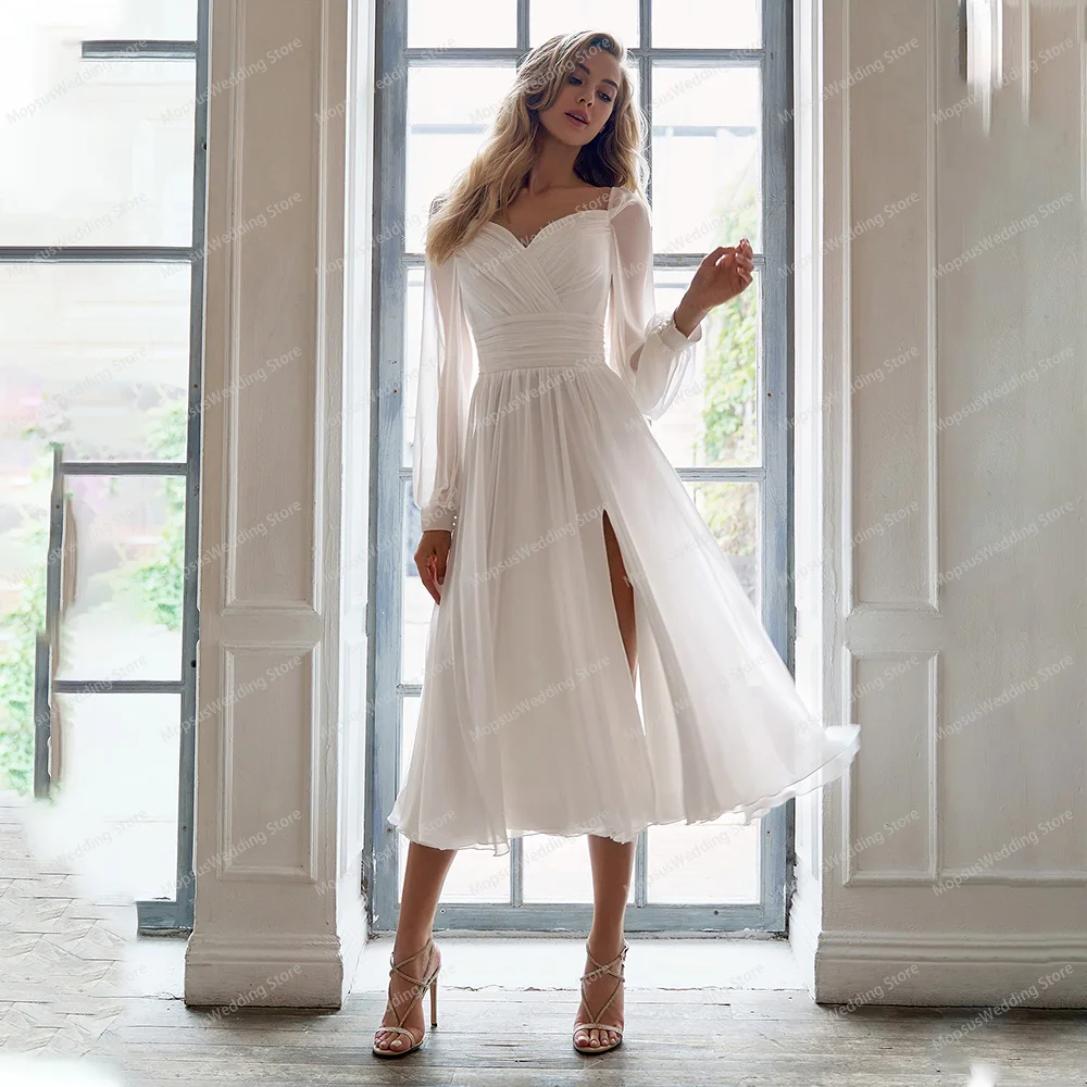 New Simple Short Wedding Dress 2022 A Line Chiffon Sweetheart Long Sleeve Side Slit Bridal Gown Mid Calf Vestidos De Novia Civil
New Simple Short Wedding Dress 2022 A Line Chiffon Sweetheart Long Sleeve Side Slit Bridal Gown Mid Calf Vestidos De Novia Civil