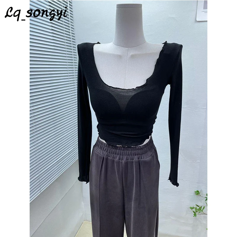 

Thin ~ Slightly See-through ! Scoop Neck Slim T Shirt Women Basic High Strech Tight T Shirt Lq_songyi Solid Long Sleeve Sexy Top