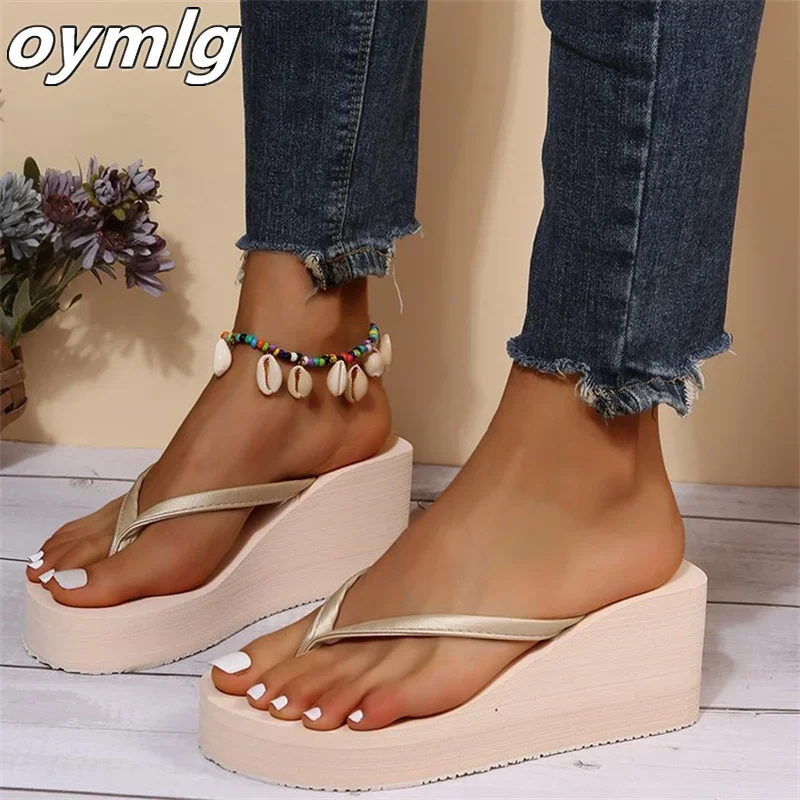 

2022 summer women's wedge heel clip-on sandals casual outer wear fashion frosted high-heeled thick-soled flip-flops