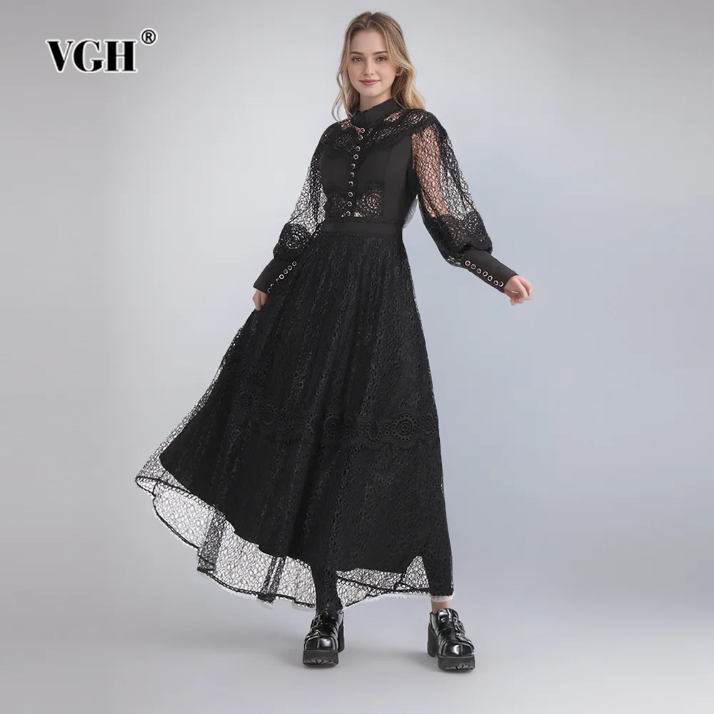 

VGH Solid Hollow Out Patchwork Lace Dresses For Women Stand Collar Lantern Sleeve High Waist Spliced Button Dress Female Style