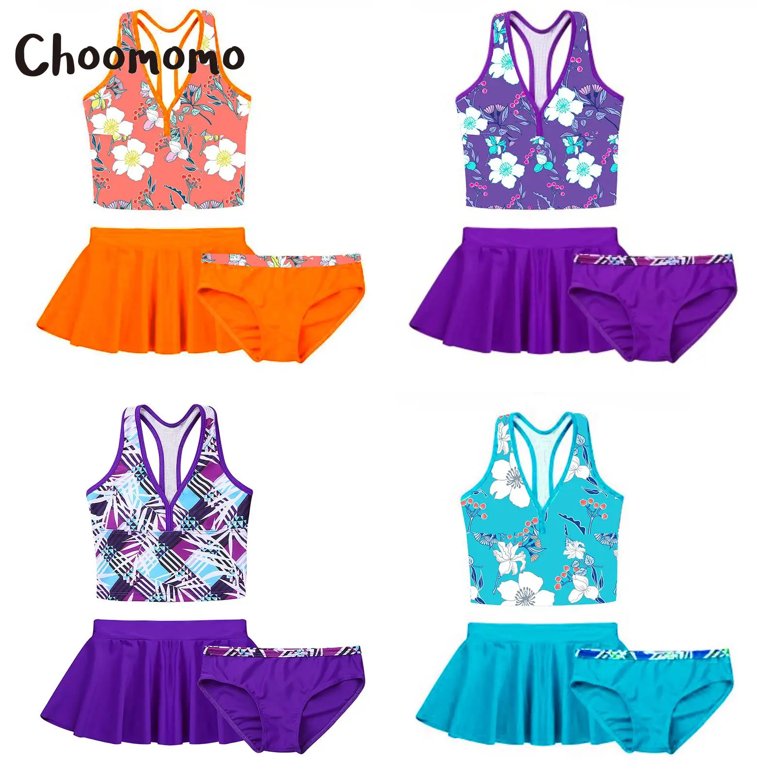 

Choomomo Kids Girls Stylish Racer Back Tankini Digital Printed 3Pcs V-neck Swimwear Tops with Bottoms Skirts Beach Bathing Suit