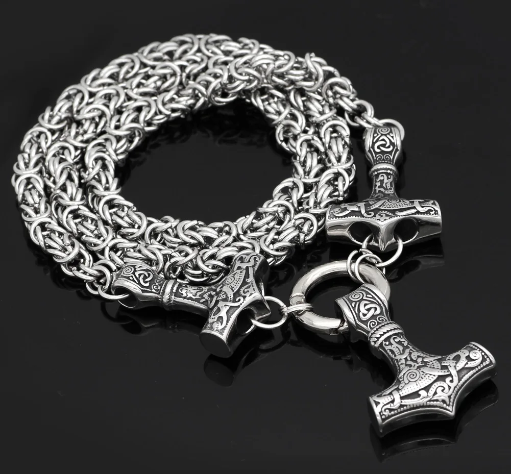 Men stainless steelNordic viking odin wolf head with thor hammer Mjolnir pendant necklace -handmade chain | Украшения и
