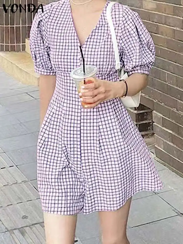 

VONDA Summer Women Fashion Jumpsuits 2023 Short Rompers Plaid Playsuits Sexy V Neck Casual Streetwear Cotton Puff Sleeve Bottoms