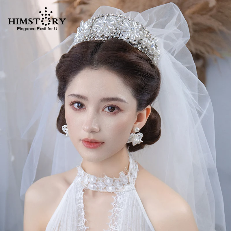 

HIMSTORY European Pearls Wedding Tiaras Crowns Headbands Crystal Evening Hairbands Brides Hair Accessories Prom Jewelry