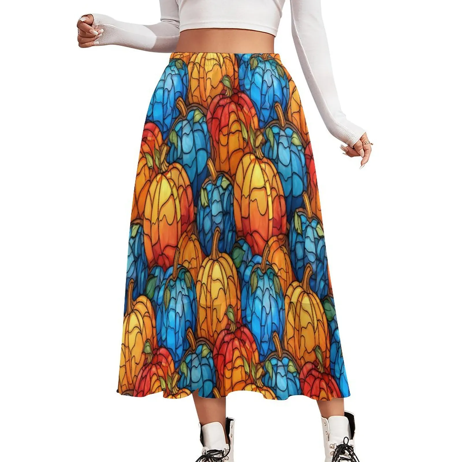 

Юбка с витражными тыквами, синяя и Oranger Y2K, длинные юбки, пляжная юбка в стиле бохо, женская одежда большого размера на заказ