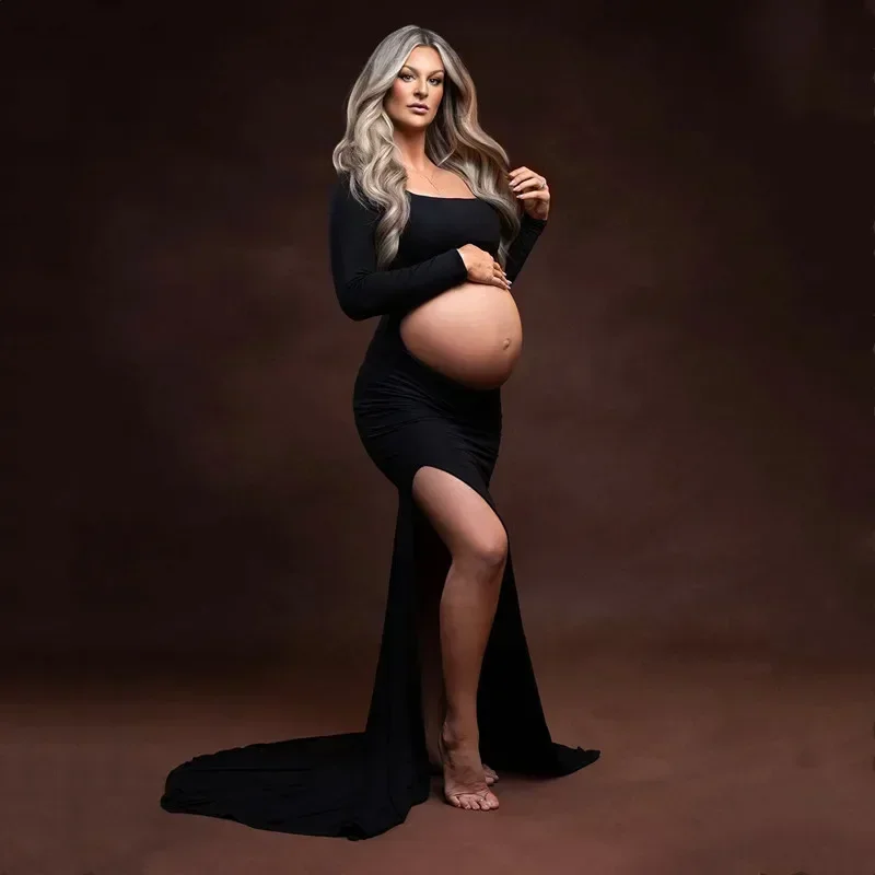 

Maternity Stretchy Cotton Photography Long Dresses Sexy Exposing the navel Slit Backless Pregnant Woman Photoshoot Maxi Dress