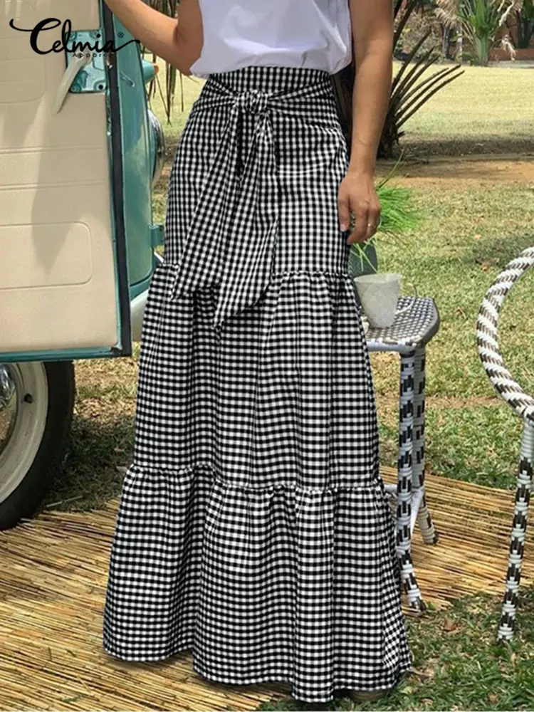 

Celmia 2023 High Waist Long Skirts Vintage Women Plaid Maxi Skirts Fashion Belted Stitching Faldas Casual Loose Pleated Jupes