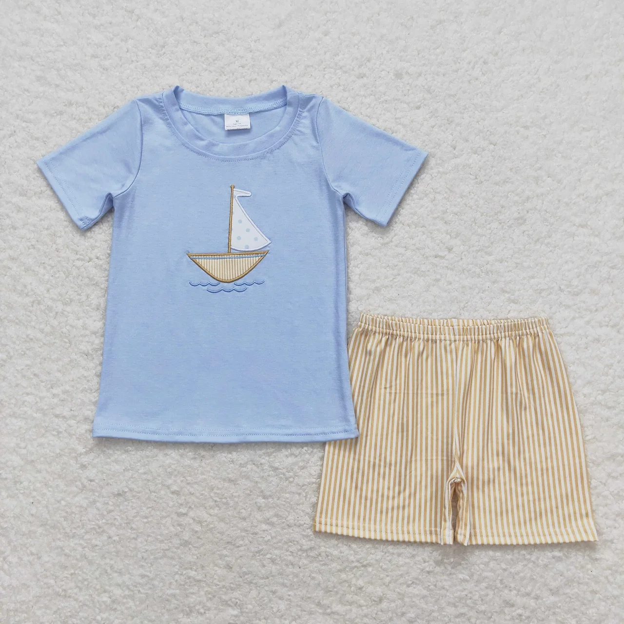 

Оптовая продажа, детские летние комплекты с вышивкой, синие хлопковые футболки с коротким рукавом для малышей, детские шорты в полоску, наряд для маленьких мальчиков с лодочкой