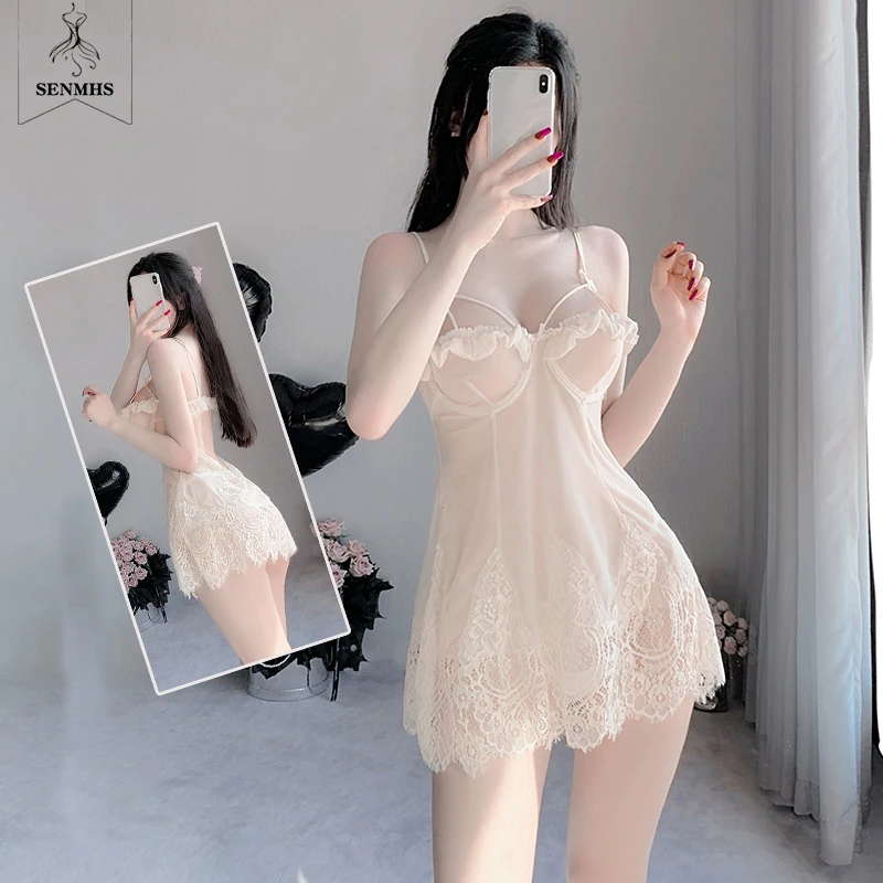 

SENMHS Cream-coloured One Piece Sexy Nightdress For Women V-Neck Lace Lingerie Female Perspective Temptation Sling Nightgown New