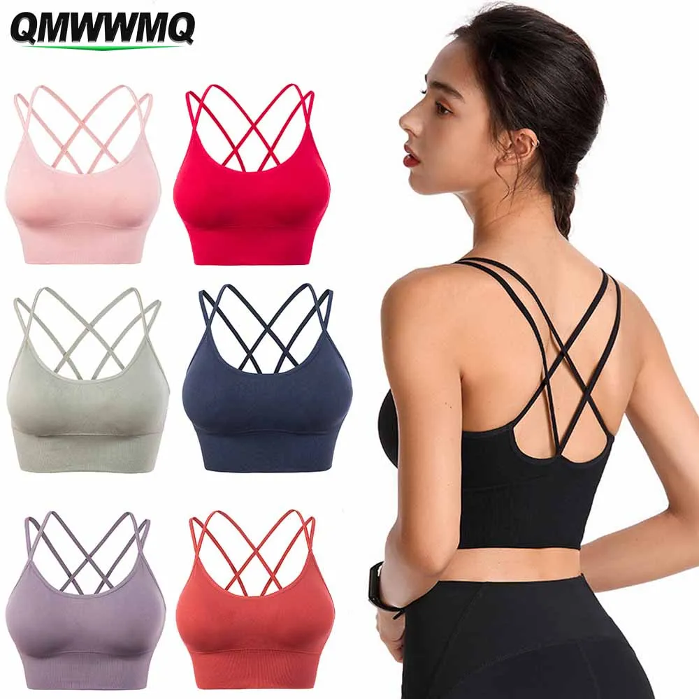 

Cross Back Sport Bras,Womens Seamless Cross Back Padded Strappy Criss Cross Cropped Bras for Yoga Workout Fitness Low Impact