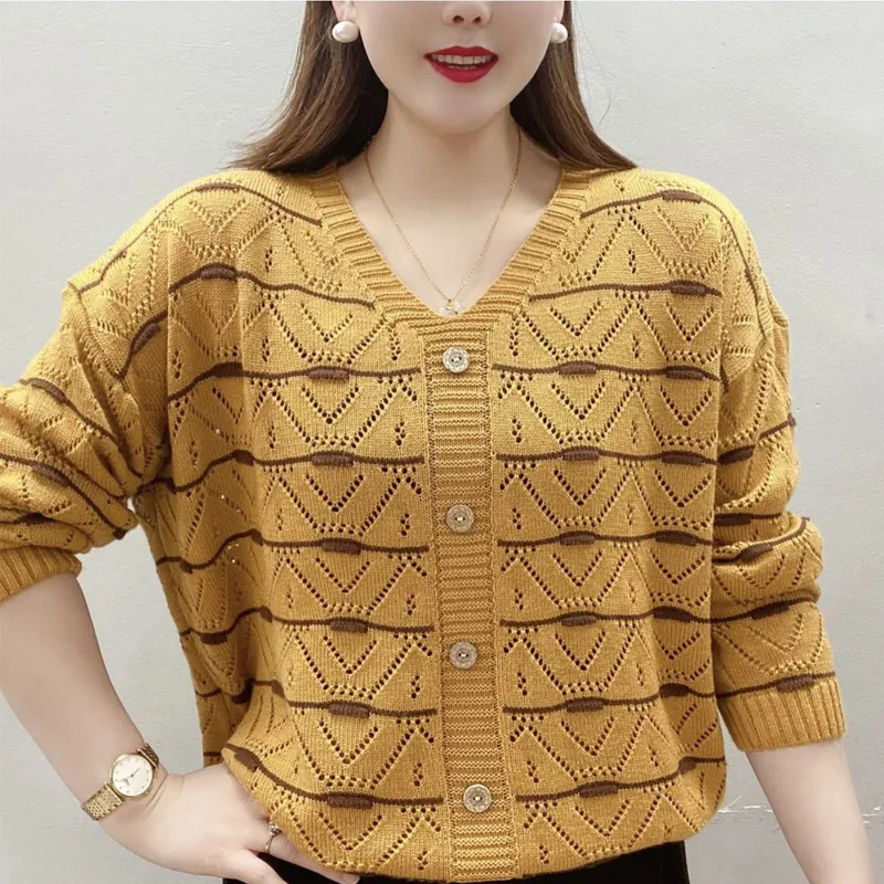 

Spring Autumn Hollow Out Striped Sweaters Long Sleeve V Neck Loose Simplicity Knitting Pullovers Casual Fashion Women Clothing