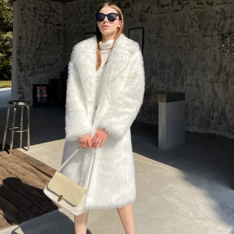 

Женское зимнее белое длинное пальто из искусственного меха, модное свободное плотное теплое элегантное плюшевое пальто, пушистая куртка оверсайз с длинным рукавом