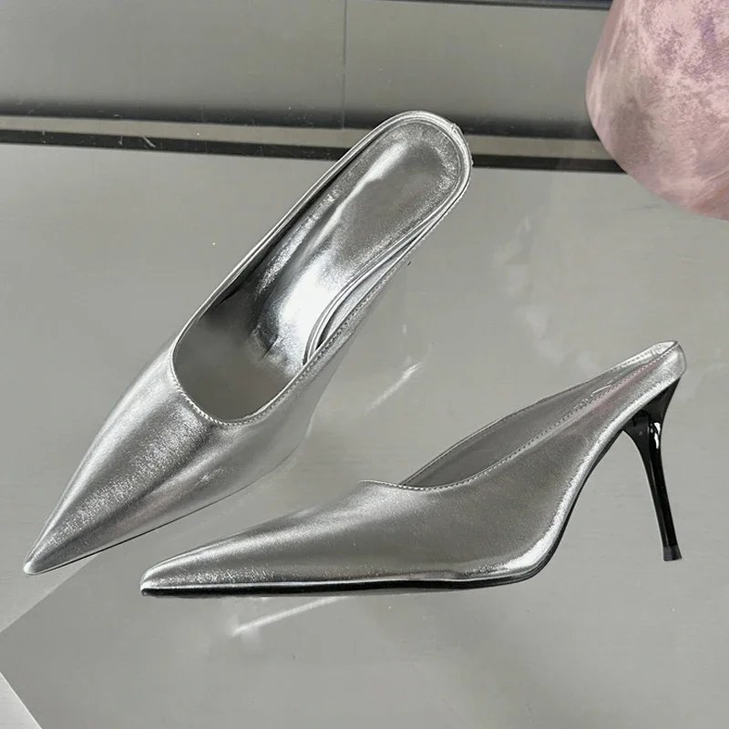 

Designer Luxury 2024 Sexy Gold Silver Pointed Toe Slippers for Women Fashion Thin High Heels Stripper Banquet Mule Slide Sandals